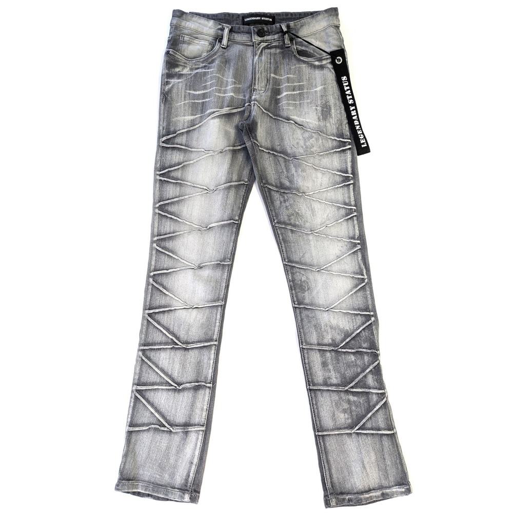Legendary Status Mens Grey Acid Wash Paneled Biker Slim Straight Jeans Size 30